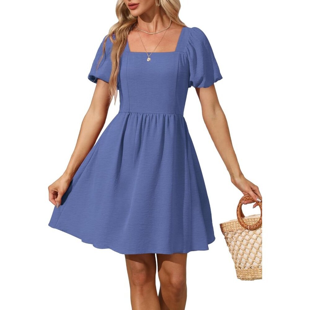 Ofeefan Women Steel Blue Puff Sleeve Square Neck Tie in Back Dresses with Zipper